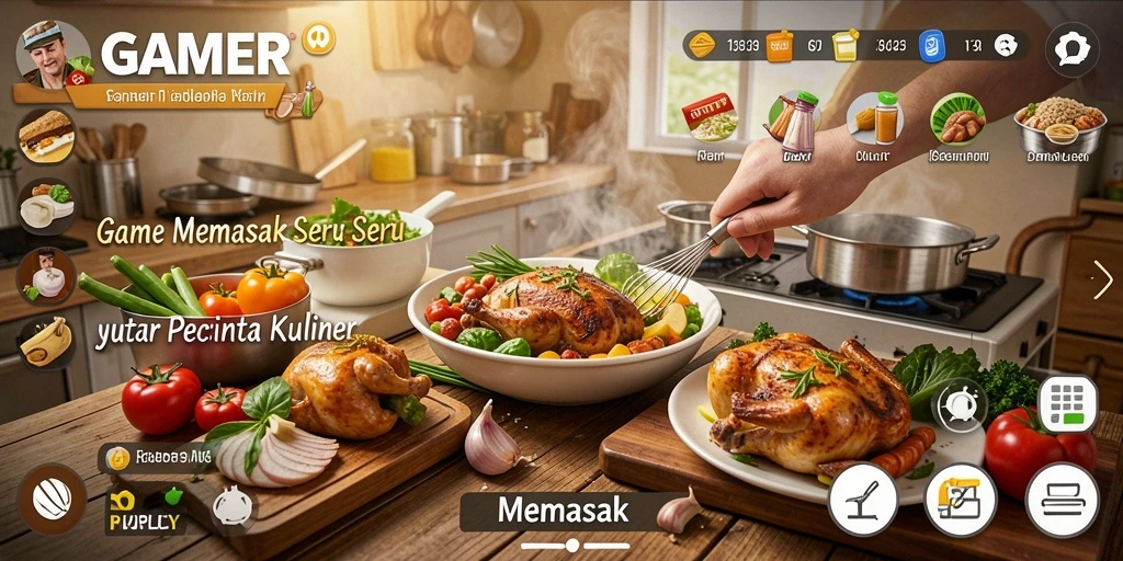 Antarmuka GAMERP menampilkan suasana dapur yang ceria dan fungsional.